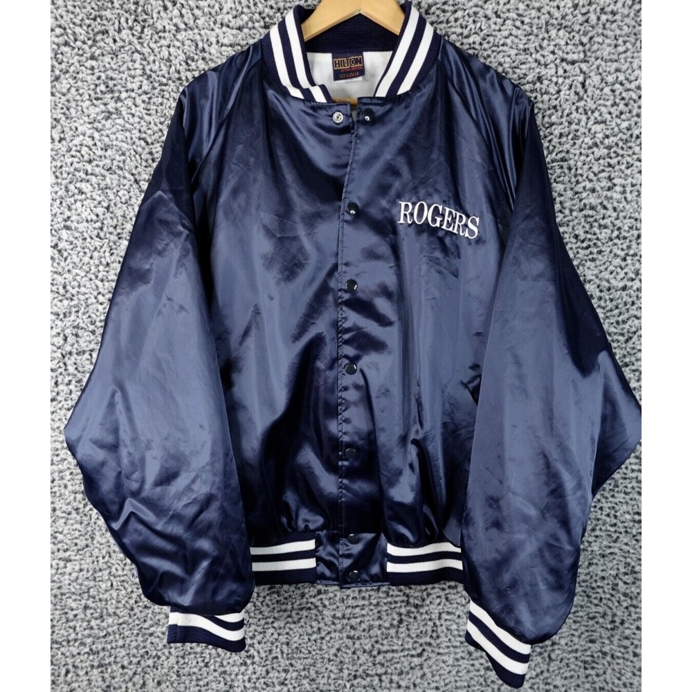 Hilton Active Apparel Blue Satin Bomber Jacket Spell Out Roger Size XXL USA Made